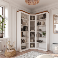 Kit com 3 estantes para canto em Madeira Maciça com 3 peças– Na cor branco lavado e mel | Coleção Biblioteca